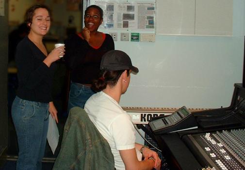 Kat, Dee and Brad in the engineer's booth
